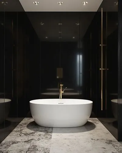 A sophisticated and modern indoor design with a monochromatic palette of deep blacks and whites. The walls are covered in sleek black tiles with a glossy finish, creating a dramatic contrast with the 