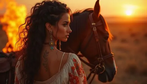 Wide angle close up, 8k, ultra realistic, free brush stroke, metallic, watercolor wash, image of beautiful silhouette of beautiful woman in national costume and gypsy jewelry with big hairstyle of bla