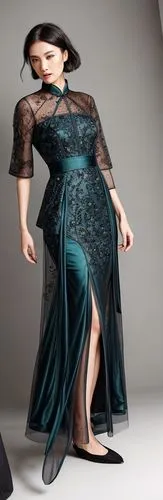 dark teal cheongsam-style gown with mesh layers and embroidery,gradient mesh,3d figure,fashion vector,3d model,dress doll,3d modeling,3d albhabet,fractalius,flamenco,evening dress,plus-size model,cgi,