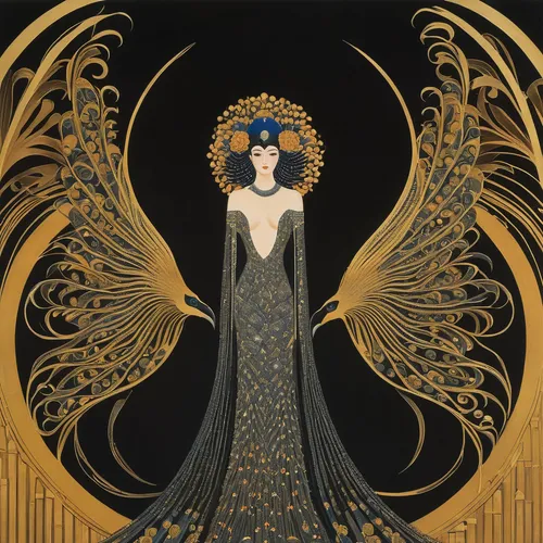 Construct a visual without a solid backdrop,art deco woman,art deco,art nouveau design,queen of the night,gold foil art,art nouveau,art deco ornament,gold foil art deco frame,gold filigree,gold foil m