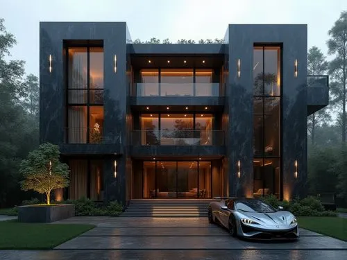 There's a supercar close by,  A luxurious, ultra-modern, three-story mansion with a sleek, dark marble facade and prominent vertical columns, situated in a refined, upscale residential setting. The ex