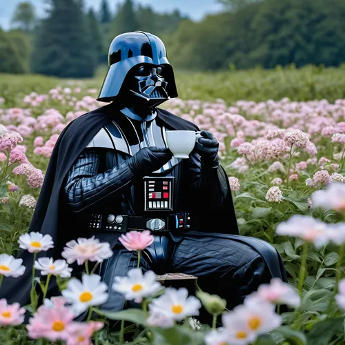 Darth Vader sitting in a flower field, white flowers, blue flowers,pink flowers, aesthetic, coquette, sipping tea, picnic,field of flowers,darth vader,darth wader,flowers field,flower field,vader,sea 