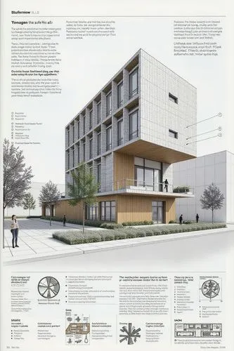 A page from a modern magazine about architecture with a lot of text, lines pointing to parts of the building, detailed architecture, lots of details, graphs
,a large white and brown building with