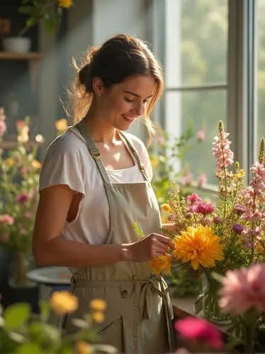 A graceful florist arranging a bouquet in her quaint flower shop. She’s in her late 30s, with a soft smile and gentle hands working carefully through fresh blooms. Her hair is pulled back, and she’s d