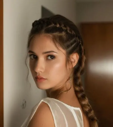 A conceptual art portrait of a beautiful caucasian young woman with long brown hair and a braid, 21 years old, dressed in a white minidress with neckline, standing on her back with her head tilted bac