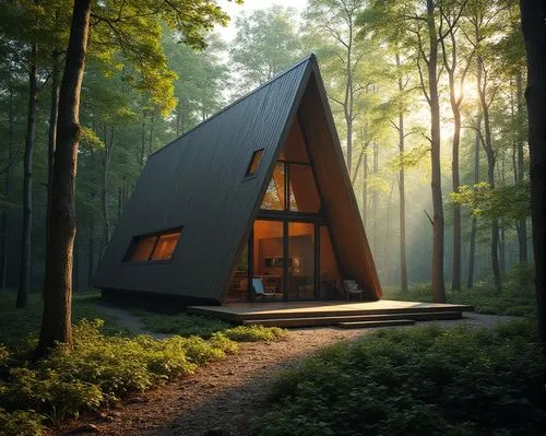 imagine a highly detailed image of a futuristic A-frame cabin nestled in a dense forest, showcasing its distinctive angular shape and large windows. Capture the dappled sunlight filtering through the