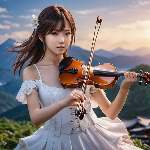 flying anime character,japanese style,girl,violin,a  is holding her violin on the hillside,violinist,violin,violin woman,yuna,violinist violinist,violin player,Photography,General,Realistic