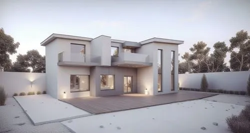 a modern home at dusk with a courtyard in front,prefab,crown render,renders,modern house,prefabricated,homeowner