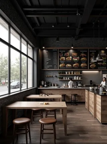 Design an interior for a fast food restaurant with black brick walls, white windows, and wood tables that can accommodate up to four people. On one wall, there is a chalkboard menu featuring various s