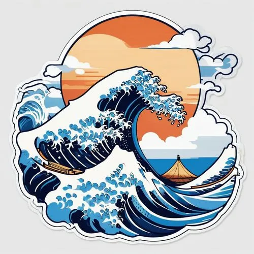 sticker of a large, stylized blue and white wave in the iconic style of ‘The Great Wave off Kanagawa’ by Hokusai. In the trough of the wave, place a detailed illustration of the nike Air Force One sur