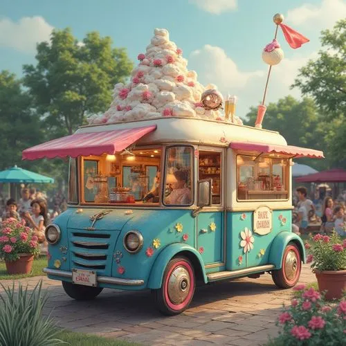 a blue and pink bus with a large donut on the top,ice cream cart,ice cream van,ice cream stand,ice cream shop,flower car,food truck,cartoon car,ice cream parlor,ice cream icons,circus wagons,summer fa
