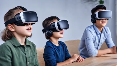 Children wearing VR glasses， and panoramic , good result,vr,virtual reality headset,vr headset,virtual reality,virtual world,technology of the future,oculus,virtuelles treffen,prospects for the future