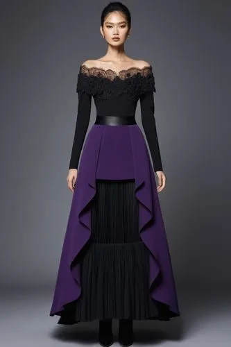 a fashion model wearing  
  violet  Wrapped Stretch   off shoulder  long sleeved top  and  pleated maxi skirt   boots,a model wears a purple gown and a black top,dress walk black,siriano,a floor-lengt