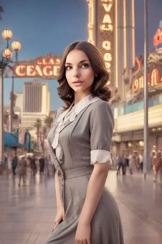 девушка в одежде 30-х годов прошлого века на фоне лас-вегаса,a young lady posing in front of a movie theater,cigarette girl,retro woman,vintage woman,vintage girl,porcelain doll,retro girl,waitress,re