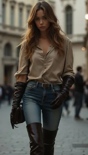 "A breathtakingly beautiful young woman with an innocent, unassuming demeanor strolls through a quiet city square in the late evening. She wears casual, everyday clothing—a simple blouse and jeans—but