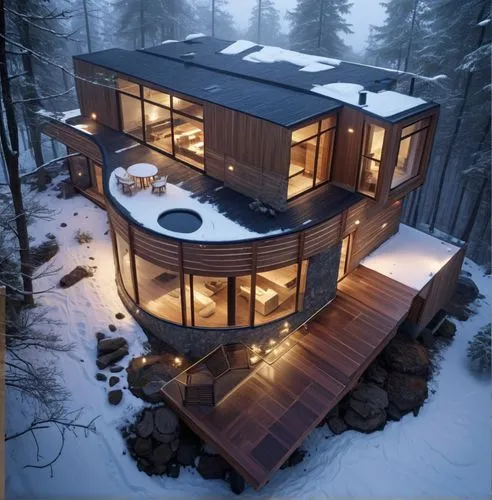 house in the forest, facade with tree, night fog around,an unusual house built in the woods in winter,snow house,winter house,snowhotel,timber house,cubic house,snow roof