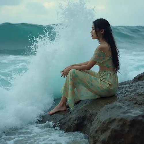 woman sitting on rock looking at large wave,undertow,sea water,ocean waves,mermaid,blue sea,mermaid background