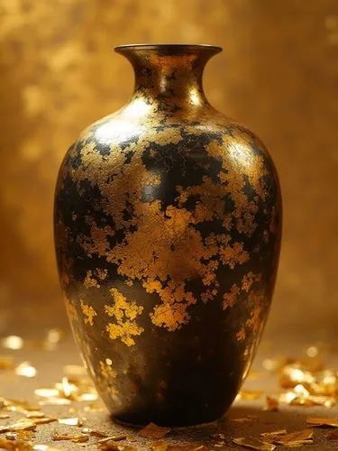 Photorealistic illustration of a gold broken vase with gold kintsugi cracks, on a golden background with shards, cinematic realistic style, evoking Japanese art,,a vase is sitting on top of some golde
