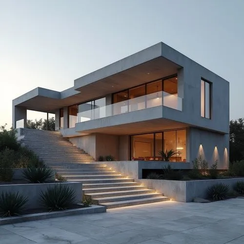 A hyper-realistic, high-resolution architectural photograph capturing a striking, multi-level contemporary home constructed primarily from smooth, exposed concrete. The design is characterized by dram