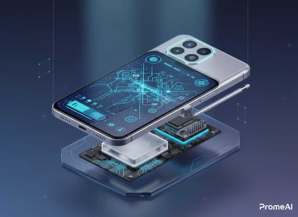 Ein ausgefeiltes isometrisches Produktrendering eines Smartphones, das seine Funktionen aus einer 2,5D-Perspektive zeigt, generiert von PromeAI.