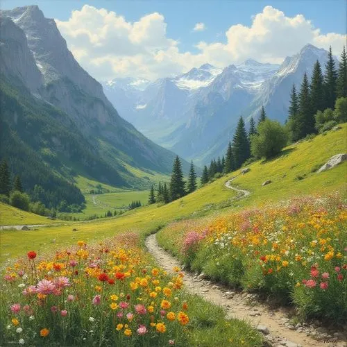 valley of colorful flowers in the summer ,this painting depicts flowers blooming on a mountain landscape,alpine meadow,the valley of flowers,mountain meadow,meadow landscape,alpine landscape,mountain 