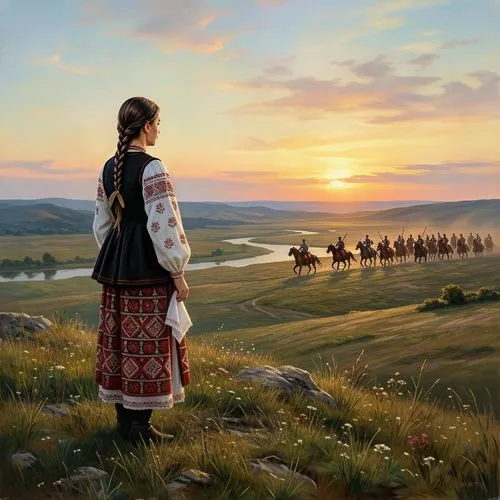 A young woman of Eastern European ethnicity, appearing to be in her late teens or early twenties, stands on a grassy hilltop, facing away from the viewer. She is wearing a traditional, embroidered whi