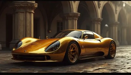 Photorealistic illustration of a futuristic gold Porsche car parked in front of a medieval palace, dark tiled floor, dramatic lighting, luxurious vibe. --v 5 --ar 16:9 --q 2,an artistic rendering of t