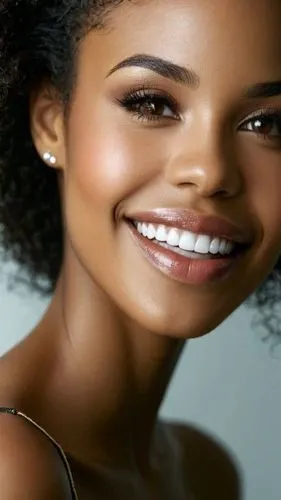 Imagen realista, ultra detallada. Mujer mestiza ebony con la más hermosa sonrisa, sus labios carnosos y su hermosos ojos cafés brillan al pensarme. Cabello liso poco abundante, mujer flaca ,a close up
