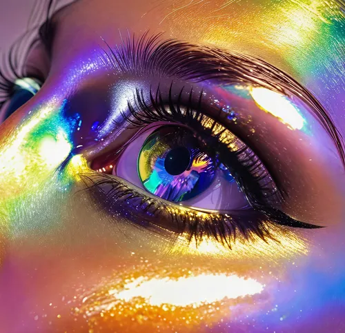 a woman's eye with holographics and colorful colored makeup,cosmic eye,neon makeup,prismatic,colorful light,iridescent,glitter eyes,iridescence,diffraction,prisms,holography,eye shadow,galactic,pigmen