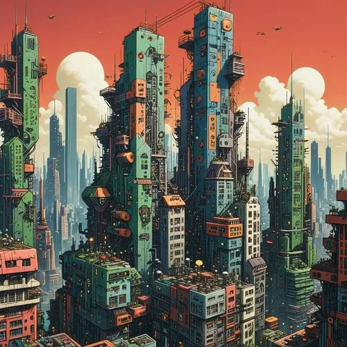 "A realistic cyberpunk futuristic architectural scene in the style of Lebbeus Woods. The scene depicts Asian city slum in a dystopian urban landscape with towering, deconstructed structures blending m