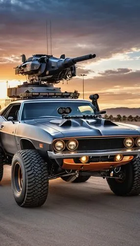 batcar wit canon,an armored vehicle with an outboard camera and a tank on top,mad max,dodge charger,interceptor,muscle car,futuristic car,open hunting car,dodge,charger,super car,sheriff car,barracuda