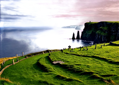 Emerald Isle, Ireland landscape, rolling hills, rugged coastline, Cliffs of Moher, stone walls, patchwork fields, misty morning, soft golden light, cinematic composition, panoramic view, natural textu