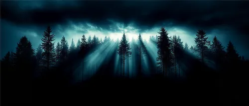 the light shines through the dark clouds above the trees,coniferous forest,spruce forest,fir forest,forest background,forest dark,foggy forest,forestland,pine trees,forested,forest landscape,digital b