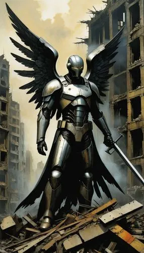 un angel de acero y partes humanas, está en una ciudad destruida ,a man in a suit standing on a pile of debris,the archangel,archangel,dark angel,cowl vulture,batman,black angel,king of the ravens,ang