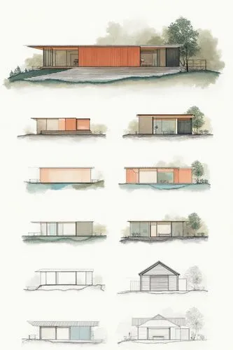 A diagram showing the process of forest hideaway timber resort with each step represented by different architectural sketches and digital construction models of building structures and dimensions. The