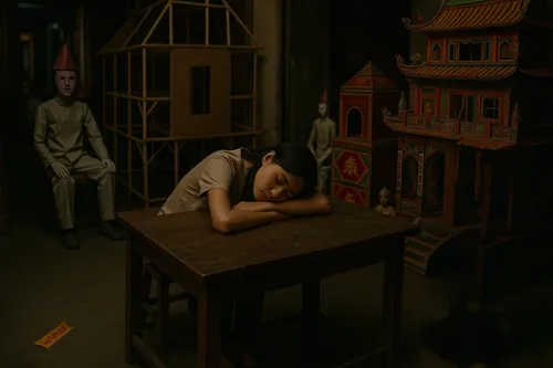 a girl is asleep on a table in a room with dolls,game illustration,prisoner,sci fiction illustration,the haunted house,tenement,book illustration,world digital painting,confinement,dollhouses,haunted 
