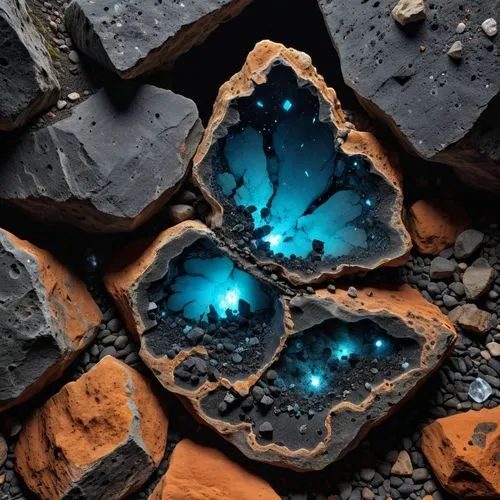 roccia spaccata nera con all'interno minerali  fluorescenti ,several rocks with bright blue lights embedded inside,colored stones,lava stones,oxidize,geodes,colored rock,geode,fractals art,crystalliza