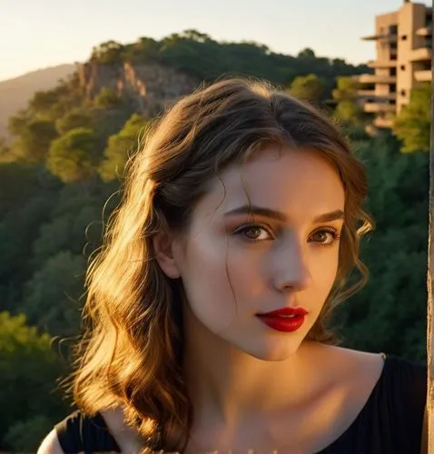 A portrait of a beautiful young caucasian woman, aged 23, with long and slightly curly brown hair, brown eyes, and red lips. She wears an elegant black dress with a neckline. She is standing on a balc