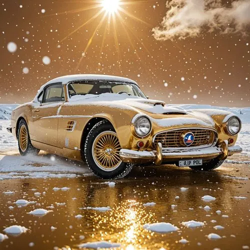 gold-metallic, drifting, south pole, heavy snow, sunny day,the vintage sports car is sitting on the snow,alpine style,winter tires,classic car,classic cars,vintage car,car wallpapers,vintage cars,auto