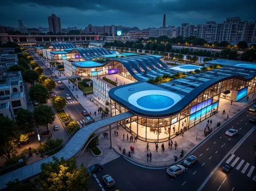 Futuristic transportation hub, sleek metallic curves, glowing neon lights, dynamic LED displays, modular structures, adaptive urban planning, green roofs, solar panels, wind turbines, electric vehicle