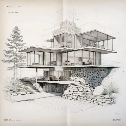 the house is sketched on paper and has a stone wall and trees,cantilevers,mid century house,house drawing,cantilevered,mid century,elevations,garden elevation,timber house,cantilever,habitat 67,model 