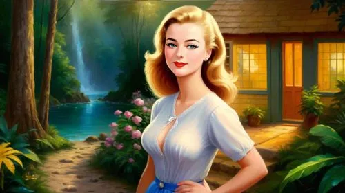 Romantic masterpiece oil painting, cute girl portrait, nostalgic 1950's style kitsch, vibrant rainforest cottage landscape, lush tropical jungle paradise, summer beach scenery, by Thomas Kinkade, by B