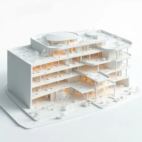A white background with a detailed architectural model of a four-story shopping mall, showcasing its modern design and layout in an all-white environment. The perspective is from above, focusing on ou