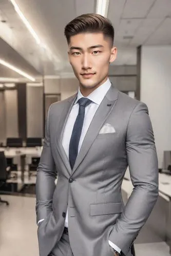 an asian man in a gray suit stands in an office,thanakorn,pakorn,wattanayakorn,zic,men's suit,ceo