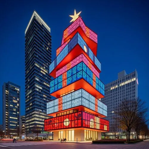 
A building that looks like Christmas gift boxes of different sizes are stacked on top of each other, different Christmas symbolic elements are embroidered on its facade, a Christmas star is on the to