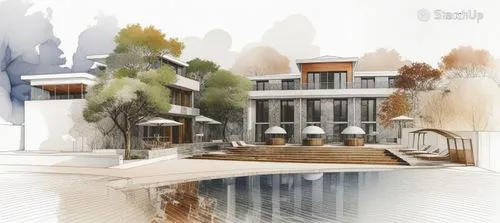 the drawing shows the house near the pool,acropolis,villa,neoclassical,palatial,federal palace,neoclassic