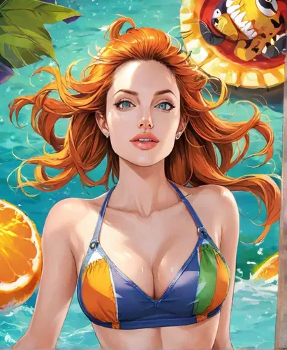 nami,orangina,summer background,one-piece swimsuit,beach background,oranges,summer icons,vitamin c,agua de valencia,aquaman,game illustration,swimsuit,swim ring,cg artwork,rosa ' amber cover,candy isl