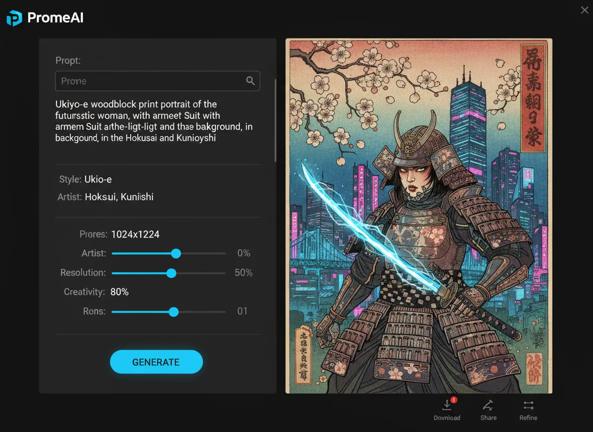 Una vista dell'interfaccia utente di PromeAI che mostra un prompt di testo e il ritratto Ukiyo-e personalizzato risultante.