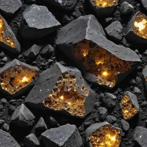 roccia spaccata nera con all'interno minerali  fluorescenti,there is a bunch of rocks that have lights inside of it,meteorites,micrometeorites,lava stones,tektite,pyrites,slag glass,pyroxenes,slag,mic