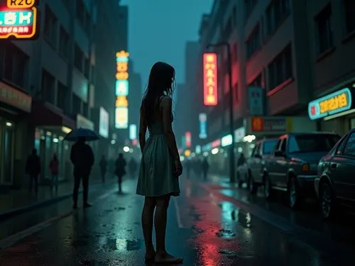   A cinematic seen of a dark, rain-soaked city street at night. The scene is illuminated by the flickering glow of neon signs reflecting off wet pavement. Puddles ripple as heavy rain pours down, crea
